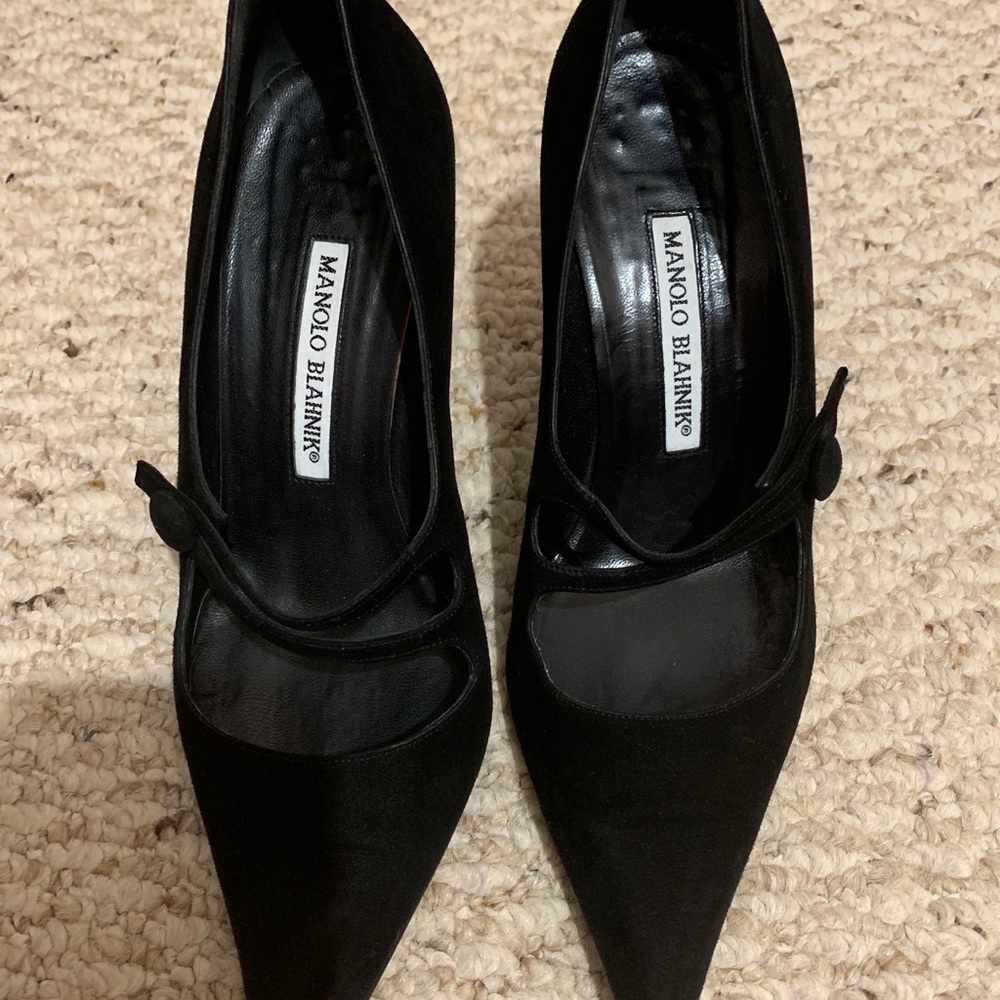 Manolo Blahnik black suede heels.